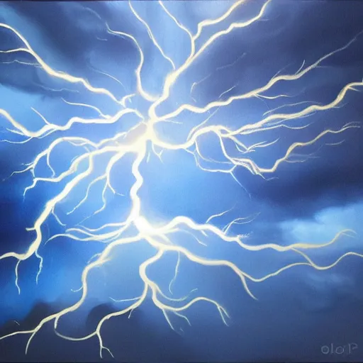 Image similar to airbrush painting of a blue storm clouds with lightning, at the centre of the painting is Jesus crown of thorns, highly detailed and dramatic lighting, smooth texture and clean details