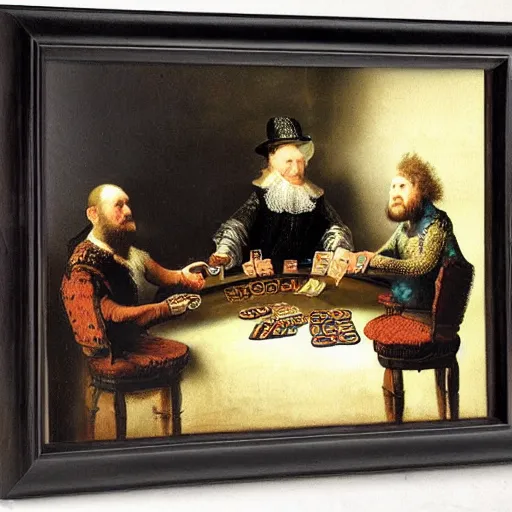 Prompt: a painting of a snake playing poker with a frog by rembrandt van rijn