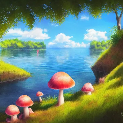 Image similar to a beautiful lake with cute little mushrooms growing around it, fantasy art, 2 d, sunshine, warm colors, relaxing, calm, cozy, peaceful, by studio ghibli