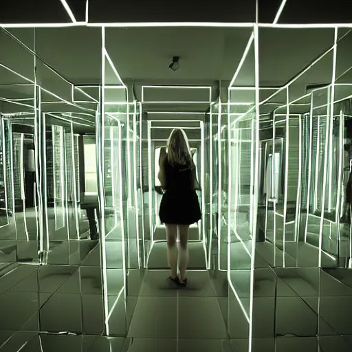 Prompt: a girl standing in a room of mirrors looking back slightly, neon