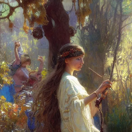 Image similar to first day of school painting by gaston bussiere, mucha, gerome, craig mullins, greg rutkowski,