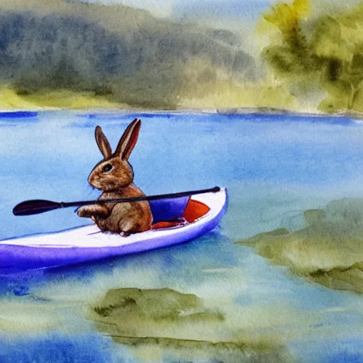 Prompt: A rabbit paddling a kayak down a calm river, watercolour realism