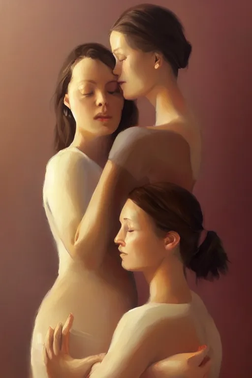 Prompt: a painting of a woman holding another woman, a digital painting by RHADS, trending on cgsociety, figurative art, digital painting, speedpainting, soft mist