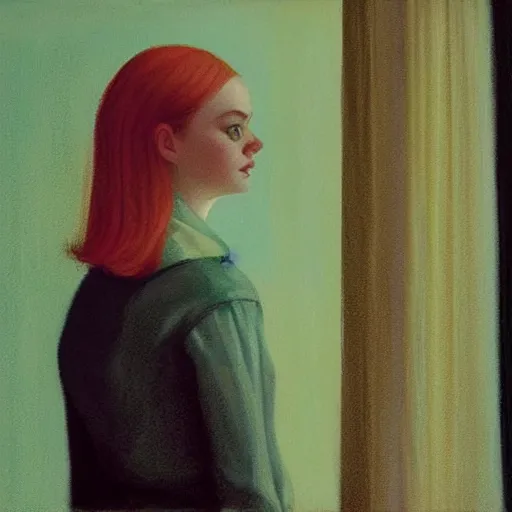 Image similar to painting of Elle Fanning in a dark hotel room with the lights off, neon lighting from outside shining in, by Edward Hopper