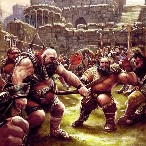 Image similar to DnD dwarves in gladitorial duel. Epic painting by james gurney. Dwarf gladiators in the coliseum.