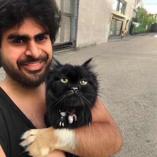 Image similar to half persian man, holding a dog