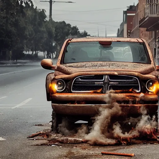 Image similar to photograph of a rusty dodge ram on fire in the street