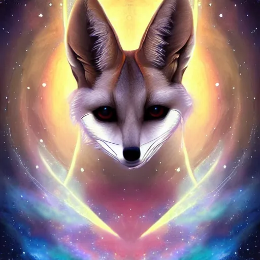 Prompt: geometric symmetrical fennec with galaxy eyes in space, nebula in the background, intricate, elegant, highly detailed, digital painting, artstation, concept art, smooth, sharp focus, illustration, art by artgerm