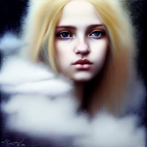 Image similar to beautiful face portrait of a youthful ( blonde, emo, bosnian ) woman covered in fluffy clouds, looking straight at, gorgeous eyes, by casey baugh,, vladimir kush, yasunari ikenaga, yasar vurdem, william oxer