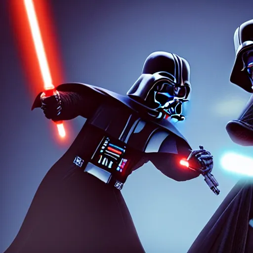 Prompt: Linus Torvalde fighting Darth Vader with a gun