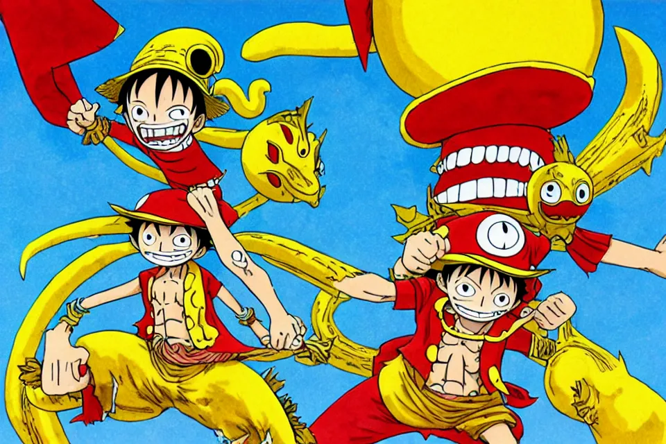 Image similar to concept sketches of luffy wearing a gold crown riding a large dragon by jamie hewlett, in the style of megaman, micro detail