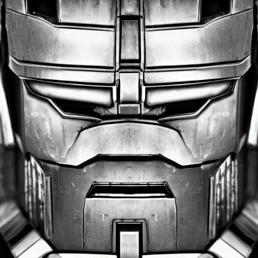 Image similar to symmetrical, close up face portrait of Optimus Prime, scowling, studio lighting, depth of field, photography, black and white, highly detailed