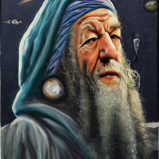 Image similar to abstract painting of ian mckellen as osama bin laden in a dark hood fighting an alien invasion by creatures from jupiter, arial shot, highly detailed, award painting, 8 k