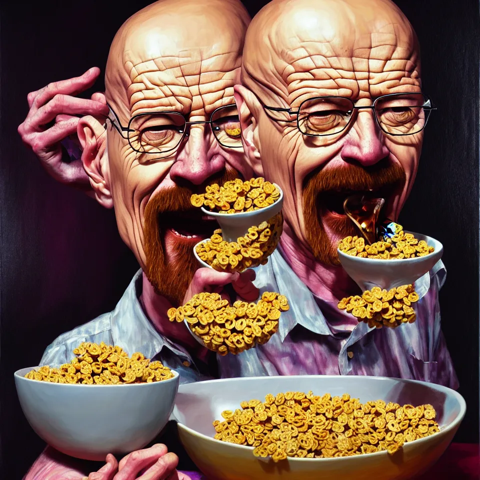 Image similar to weird and disturbing psychedelic walter white eating a bowl of cereal, laughing and puking milk, diffuse lighting, fantasy, intricate, elegant, highly detailed, lifelike, photorealistic, oil painting, illustration, concept art, smooth, sharp focus, art by francis bacon