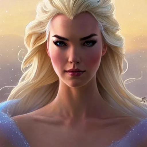 Prompt: Odette Annable with blonde hair as Elsa from Frozen, western, D&D, fantasy, intricate, elegant, highly detailed, digital painting, artstation, concept art, matte, sharp focus, illustration, art by Artgerm and Greg Rutkowski and Alphonse Mucha