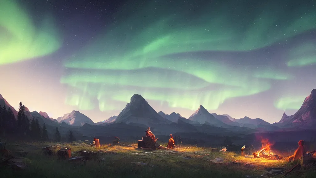 Prompt: beautiful render of a summer landscape, unreal engine, night, majestic mountains, dramatic aurora borealis, stars, campfire, soft light, by greg rutkowski, cgsociety