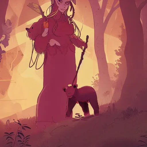 Image similar to character design of a young, beautiful earth witch in wooded forest : : 1, with bear companion, mike mignola style, comics, beautiful composition, wide angle, colorful, cinematic, volumetric lighting, intricate details