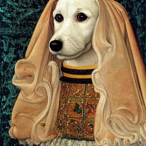 Prompt: portrait of a white labrododdle dog in an italian queen costume, painting by botticelli, 1 4 8 0 s