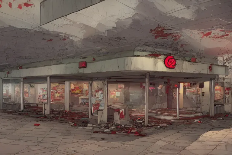 Image similar to the abandoned fast food restaurant of the dead, demons, hell, artstation