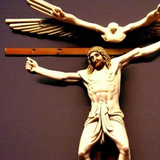 Prompt: jesus on a crucifix. he has the head of a bald eagle and wings for arms.