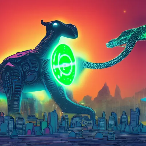 Image similar to Giant cybernetic alien camel blasting green energy laser from the mouth with city on its hump, while a giant floating octopus invades the city far in the distance, digital art