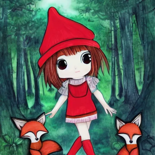 Image similar to magical forest with redcap chibi girl and a fox family