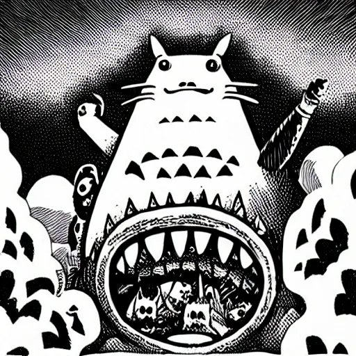 Image similar to mcbess illustration of a gigantic terrifying totoro monster with fangs and glowing eyes attacking a town, gothic, horror film, claws, sharp teeth, aggressive, violent, realistic