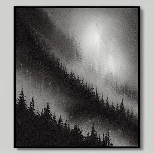 Prompt: digital and traditional art painting portrait of ethereal plane with forest and mountainside, black and white, small muted hint of colour, high detail, textured, by caestrad, dark background, unsettling, mystic, perfect lighting, high contrast, arstation, chris cold, artgerm, golden ratio, hard blacks, lightrays