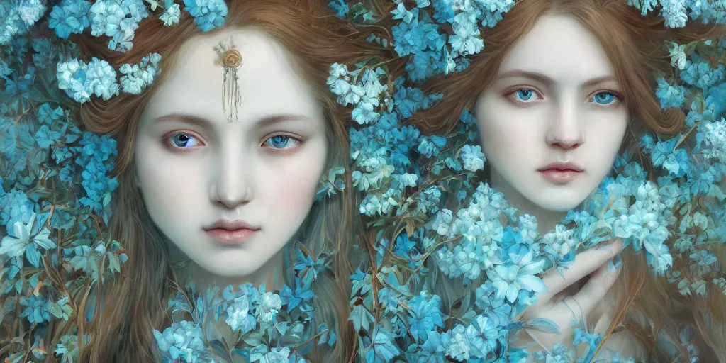 Image similar to breathtaking detailed concept art painting portrait of two hugs goddess of light blue flowers, carroty hair, orthodox saint, with anxious piercing eyes, ornate background, amalgamation of leaves and flowers, by hsiao - ron cheng, extremely moody lighting, 8 k