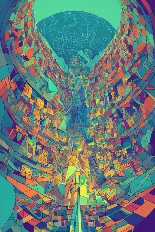 Image similar to a drawing of a room with a staircase, psychedelic art, op art, isometric, voxel art, poster art by victo ngai, ori toor, kilian eng, behance contest winner, crystal cubism, poster art, cubism, tarot card, psychedelic art, concert poster, poster art, maximalist