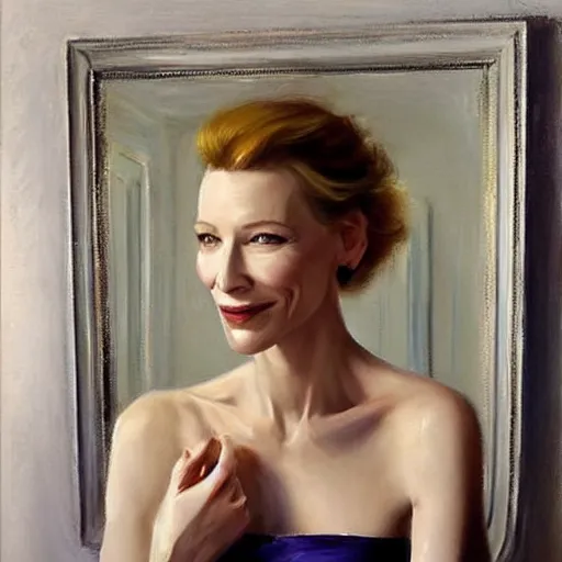 Prompt: cate blanchett in low-cut blouse in front of a mirror, painting by Vladimir Volegov