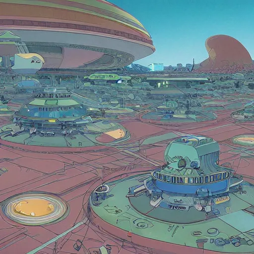 Image similar to a martian colony, digital painting by moebius, daniel taylor, darius puia, and studio ghibli