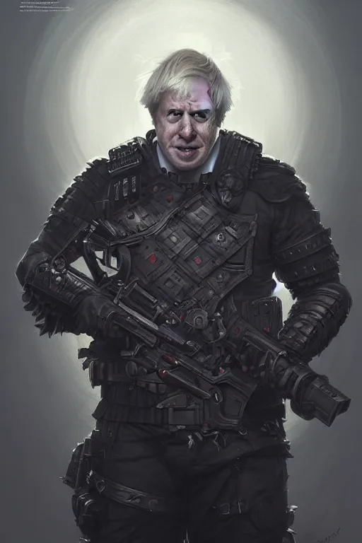 Image similar to Boris Johnson as Punisher, armor plate, realistic portrait, symmetrical, highly detailed, digital painting, artstation, concept art, smooth, sharp focus, illustration, cinematic lighting, art by artgerm and greg rutkowski and alphonse mucha