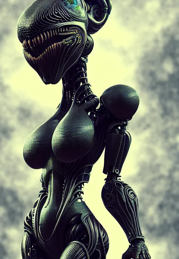 Image similar to ultra realist intricate detailed painting of a single attractive alien female, full body, curvy, black scales and cyborg tech, symmetry accurate features, very intricate details, bokeh focus, 8k render, artstyle Hiraku Tanaka, award winning