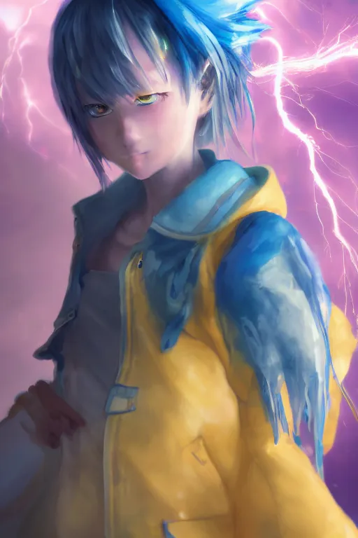 Image similar to anime young girl with yellow ponytail and blue hairtie wearing white and blue long jacket in a confident stance surrounded by lightning streaks, wlop, concept art, digital painting, trending on artstation, highly detailed, epic composition, 8 k uhd
