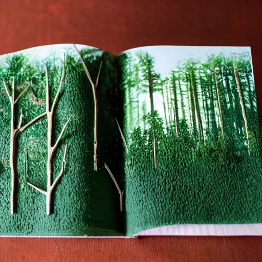 Prompt: open paperback book with a miniature forest coming out of the pages