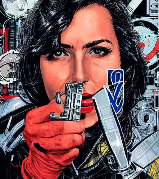 Image similar to portrait of a female inventor holding a wrench, by dc comics and sandra chevrier