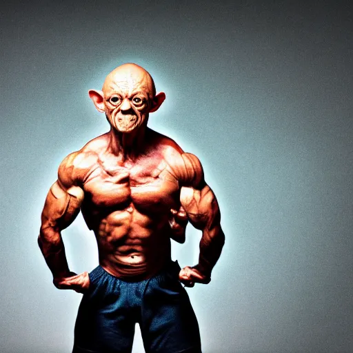 Image similar to bodybuilder gollum, 4 k, high detail, high - resolution photograph, professional photography, ultra - detail