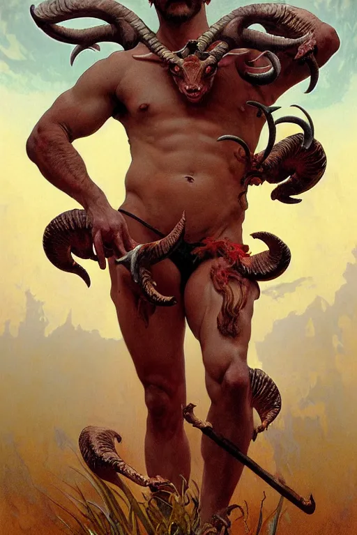 Image similar to portrait of a beautiful young fit male demon with ram horns, scaly torso, goat legs, hellish scene, by greg rutkowski and alphonse mucha, d & d character, gradient red to yellow, in front of an hellish landscape background, highly detailed portrait, digital painting, artstation, concept art, smooth, sharp focus ilustration, artstation hq