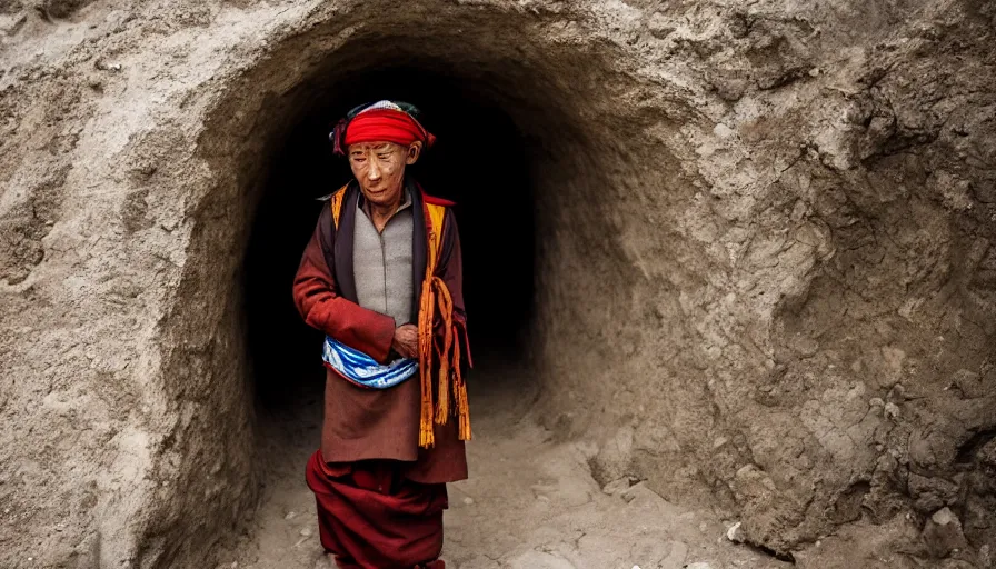 Image similar to a tibetan man in a flesh barque in a tiny tunnel, leica sl 2