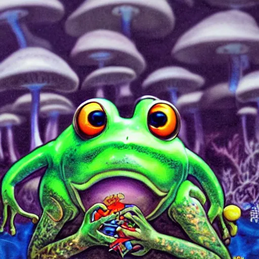 Image similar to A close up portrait of a dignified psychedelic godlike anthropomorphic frog smoking an anime blunt , magic mushroom village in background . award winning. superb resolution. in the art style of junji Ito and greg rutkowski . Detailed Mushroom city in background. Hyper realistic anime. Perfect art. Dalle2