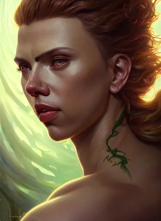 Prompt: portrait of scarlett johansson as a goblin, d & d, muscular! green, fantasy, intricate, elegant, highly detailed, digital painting, artstation, concept art, smooth, sharp focus, illustration, art by artgerm and greg rutkowski and alphonse mucha