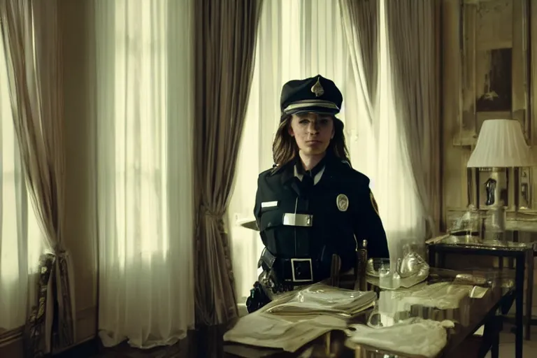 Image similar to cinematography closeup portrait of a woman cop in an decadent mansion foyer by Emmanuel Lubezki