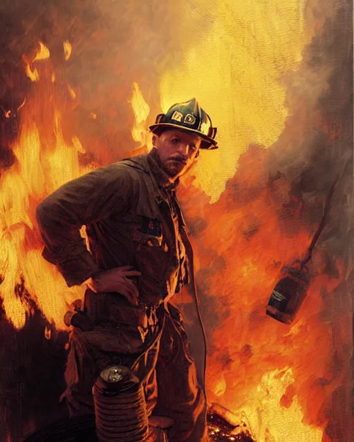 Image similar to tom hardy as a firefighter at a burning nyc building, smoke and flames, painting by gaston bussiere, craig mullins, j. c. leyendecker