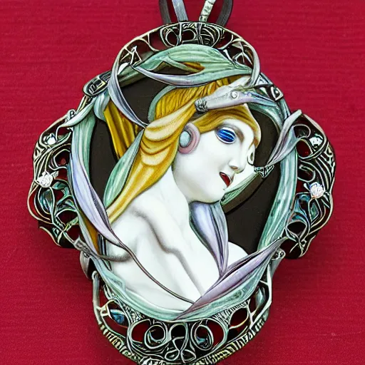Prompt: an artnouveau necklace in the shape of a goddess painted by H.R.Giger as an artnouveau necklace made by René lalique