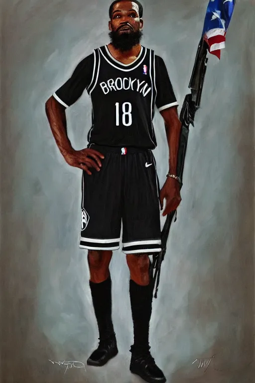 Image similar to full body portrait of the dictator of the brooklyn nets, 1 8 8 9, in full military garb, kevin durant, oil on canvas by william sidney mount, trending on artstation