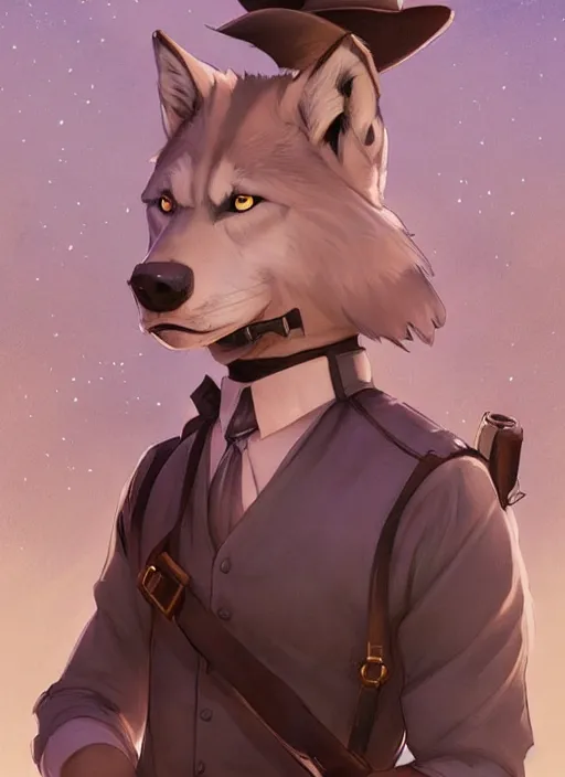 Prompt: beautiful portrait commission of a male furry anthro timber wolf Sheriff wearing a white dress shirt with suspenders in an old-timey desert town. Atmospheric. Character design by charlie bowater, ross tran, artgerm, and makoto shinkai, detailed, inked, western comic book art