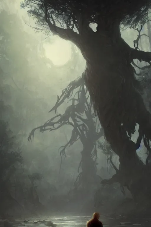 Prompt: a beautiful terrifying tree giant looms over a tiny human. epic dawn, ethereal fantasy art by greg rutkowski