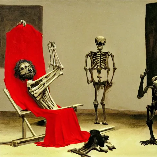 Prompt: figure hanging on wooden cross and another person laughing with a Cow skeleton by Francisco Goya and Francis Bacon, vibrant red background, mythological painting, oil painting, triadic color scheme, very coherent, Figure laughing seated on a throne of marble, whale skeleton inside interior room, Beksinski painting, masterpiece