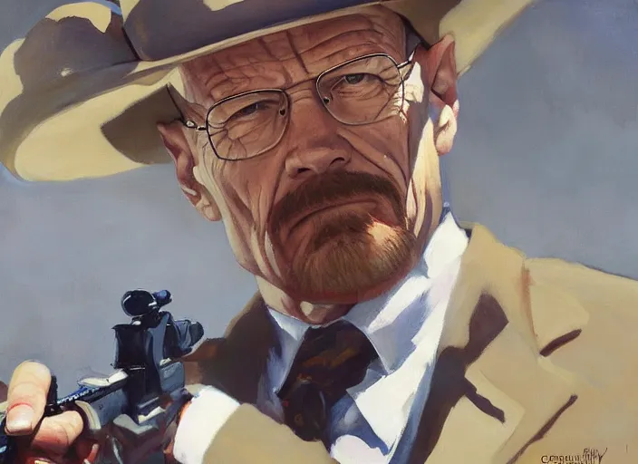 Prompt: a highly detailed beautiful portrait of walter white with a gun, by gregory manchess, james gurney, james jean